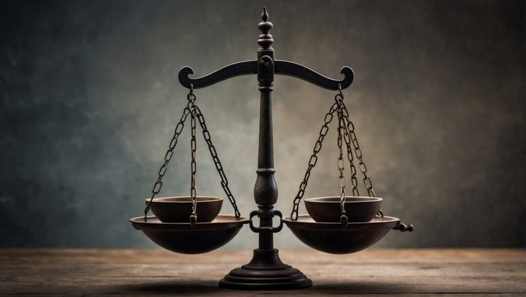 Old antique mercantile scale on vintage background. Just and justice concept. Balancing souls idea. Copy space.